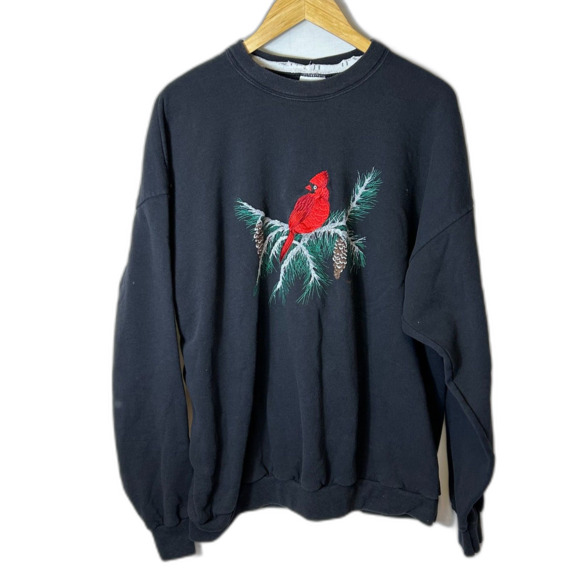 Vintage Santee Womens Black Red Painted Cardinal Winter Christmas Sweatshirt XXL - Picture 3 of 11